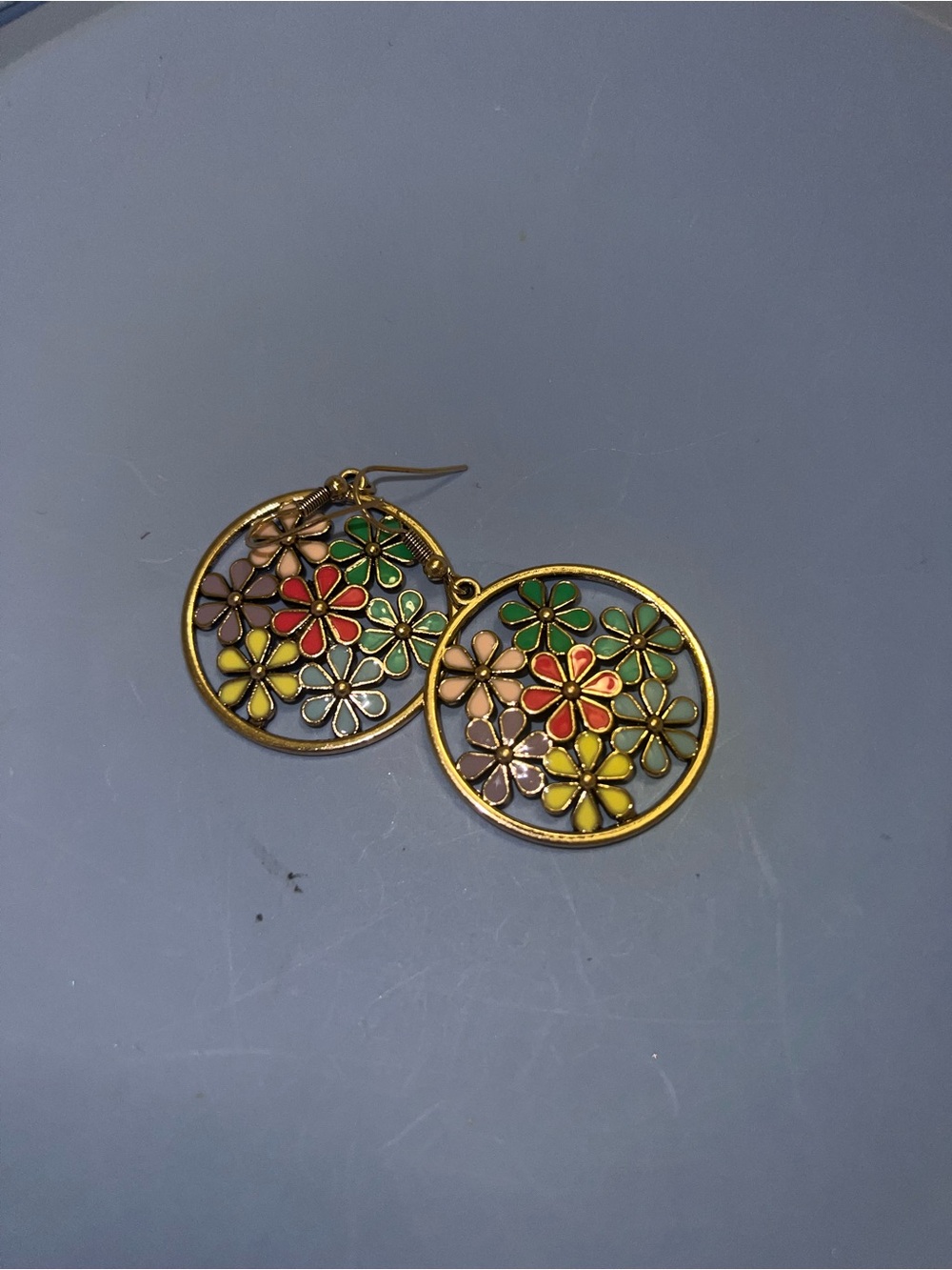 Multicolor Floral Hoop Drop Earrings - Gold Tone